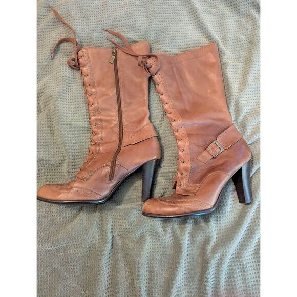 Tribeca by Kenneth Cole Women's Size 10 Brown Leather Lace Up Heeled Boots - Picture 2 of 7